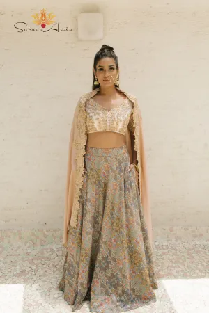 Blush Embroidered Blouse and Peacock Printed Lehenga  Elegant Wear.