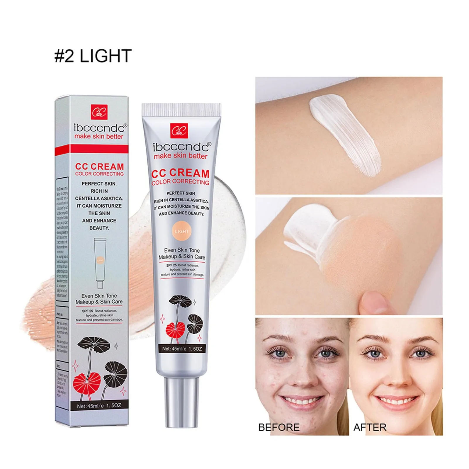 Color Correcting CC Cream,Hydrating CC Cream Foundation with Centella Asiatica Multi-Purpose Pre-makeup Primer Moisturizing Facial Concealer Sunscreen Full-Coverage CC Cream with SPF 25 (02)