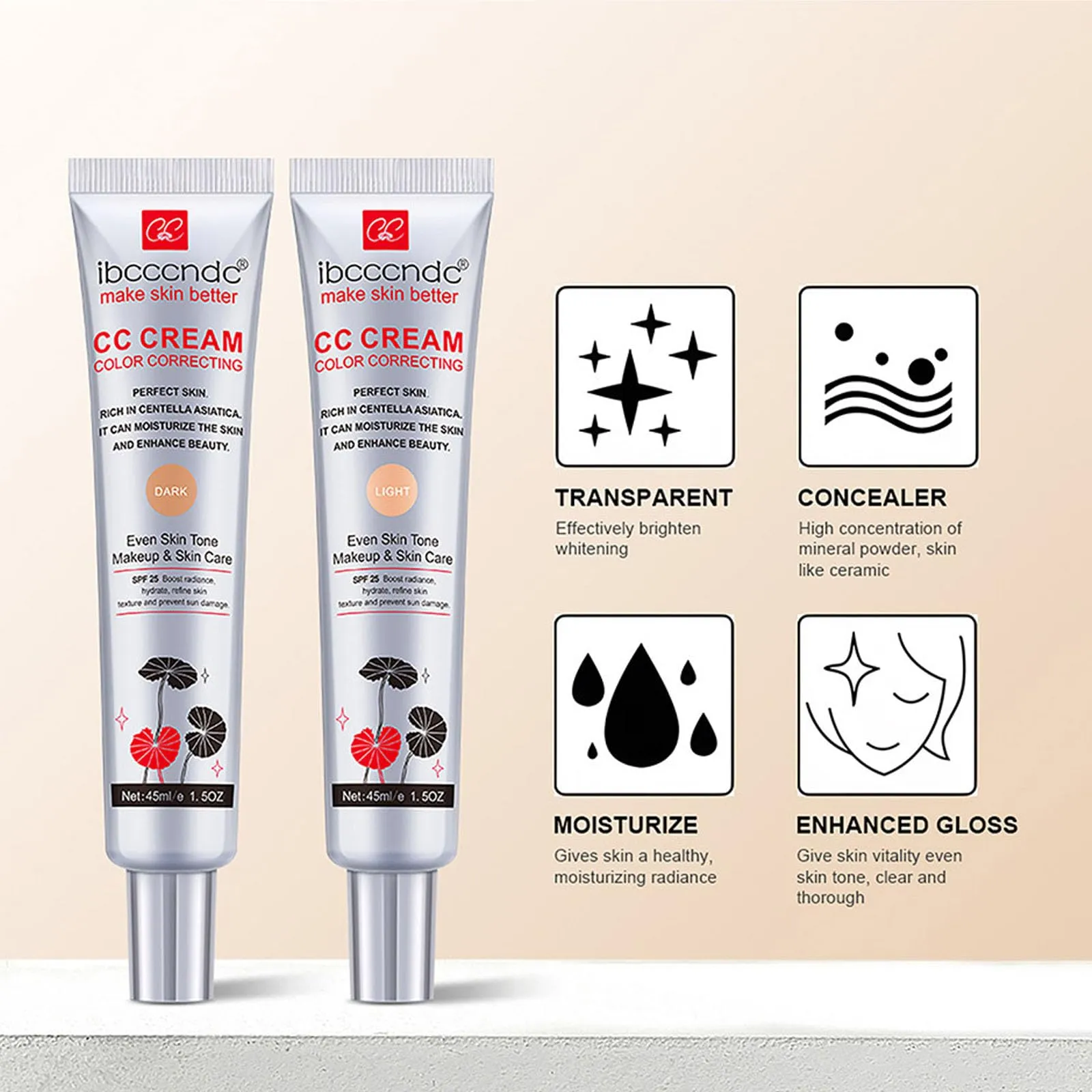 Color Correcting CC Cream,Hydrating CC Cream Foundation with Centella Asiatica Multi-Purpose Pre-makeup Primer Moisturizing Facial Concealer Sunscreen Full-Coverage CC Cream with SPF 25 (02)