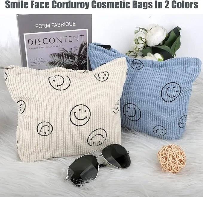 EEEKit 2 Pack Corduroy Smile Face Makeup Bag, Corduroy Travel Cosmetic Bags, Corduroy Toiletry Bag, Small Makeup Bag for Handbag Preppy Skincare Bag for Women Girl (Blue & Creamy White)