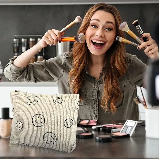 EEEKit 2 Pack Corduroy Smile Face Makeup Bag, Corduroy Travel Cosmetic Bags, Corduroy Toiletry Bag, Small Makeup Bag for Handbag Preppy Skincare Bag for Women Girl (Blue & Creamy White)