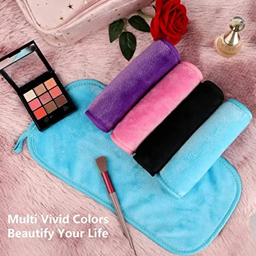 Orighty Makeup Remover Cloths, Reusable Microfiber Facial Cleansing Towels, Remove Instantly Dirt, Makeup&Waterproof Mascara with Just Water, 15.5 x 7.5 in, Blue/Purple/Black/Pink