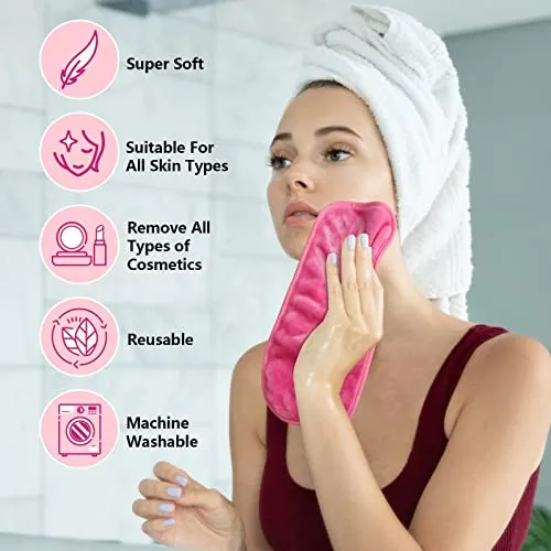 Orighty Makeup Remover Cloths, Reusable Microfiber Facial Cleansing Towels, Remove Instantly Dirt, Makeup&Waterproof Mascara with Just Water, 15.5 x 7.5 in, Blue/Purple/Black/Pink
